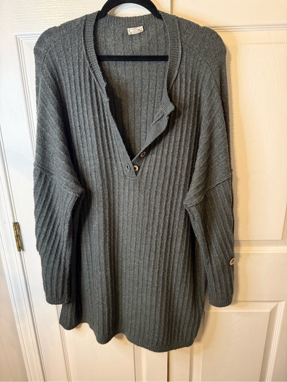 Intimately Free People Ribbed V-Neck Longline Sweater Tunic - Gray